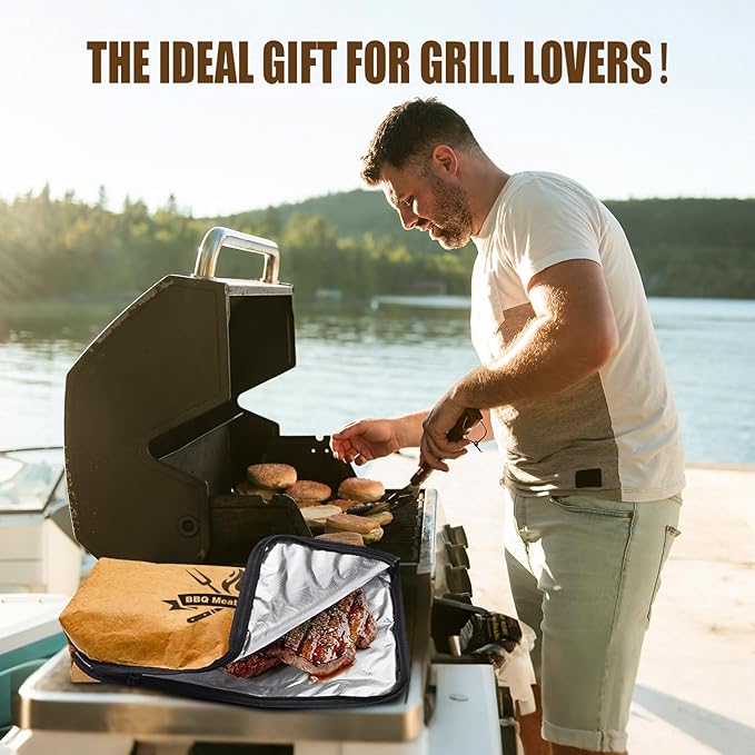 BBQ Blanket for Resting Meat, 22 in Smoker Meat Resting Blanket, Reusable Smoker Grilling Meat Insulated Resting Bag with Wide Mouth for Large Gifts for Men/Dad with Box, Brown