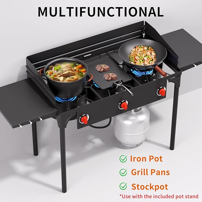 SKOK 3 Burners Portable Propane Stove with Side Shelves & Wind Panel, Camping Stove with 225,000 High Efficiency Propane Burner, Outdoor Stove for Camping, Backyard, Picnic