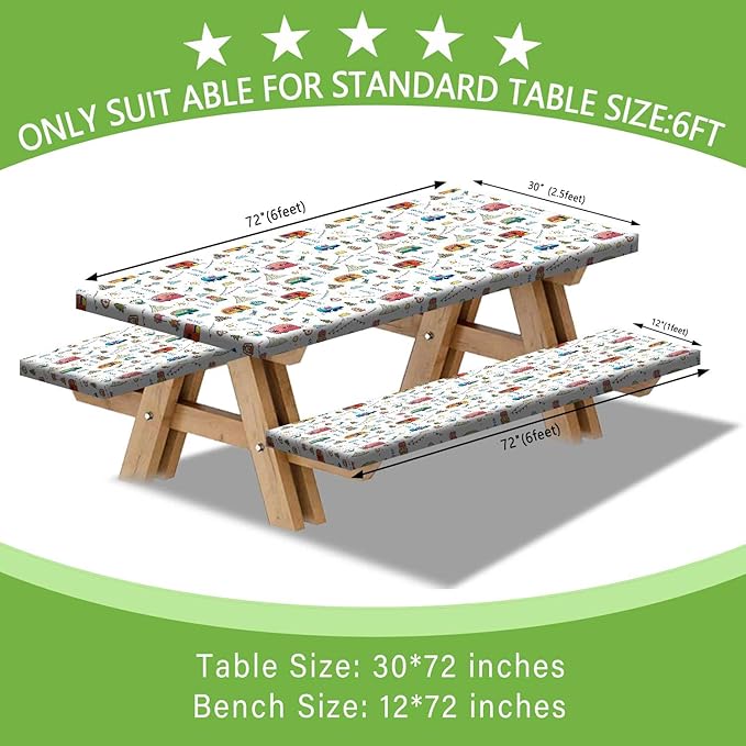 Picnic Table Cover with Bench Covers, Colorful Cartoon Camping Icons Elastic Edges, Waterproof Windproof Fitted Tablecloth, for Outdoor Camping Patio Garden, Includes Drawstring Bag, 72 in