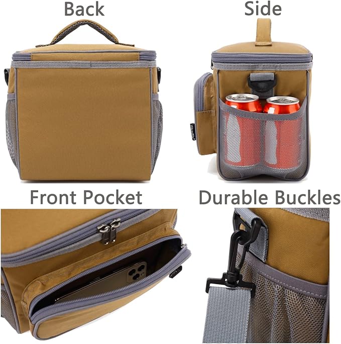 FlowFly Insulated Reusable Lunch Bag Adult Large Lunch Box for Women and Men with Adjustable Shoulder Strap,Front Zipper Pocket and Dual Large Mesh Side Pockets,Brown