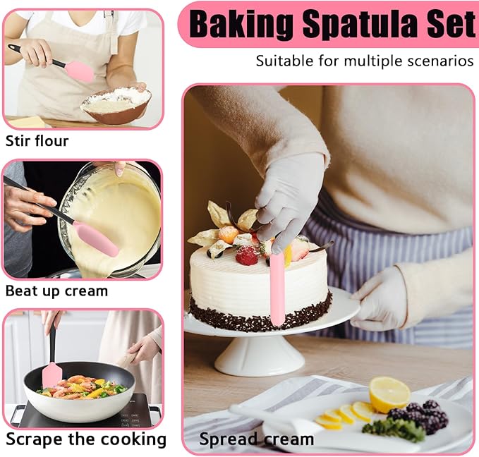 Oven Mitts with Heat-Resistant Hot Pads and Five Silicone Spatulas Designed for Kitchen Baking Cooking, Oven Glove Soft Cotton Lining, Waterproof, BPA-Free (Pink, 15.7)