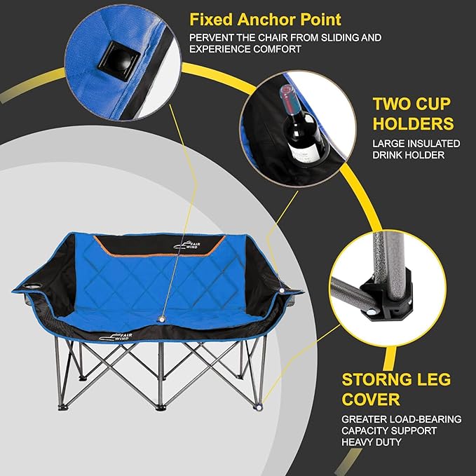 FAIR WIND Oversized Fully Padded Camping Chair Folding Loveseat Camping Couch Double Duo Chair Heavy Duty Quad Fold Arm Chair with Cup Hold - Supports 650 LBS Blue