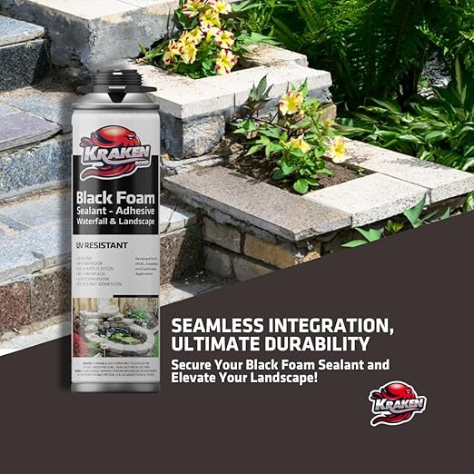 Kraken Bond Black Spray Waterfall Foam Sealant - (48x24oz) Expanding Polyurethane Pond Foam Sealer Black, UV Resistant Insulating Spray for Landscape & Exterior, Gun Use, Gun Included, 48 Pack