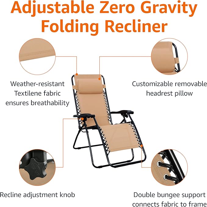 Amazon Basics Outdoor Patio Zero Gravity Lounge Chair with Pillow, Folding Reclining and Textilene Adjustable, Folding Lounge Lawn Chairs for Outside, 26", Beige
