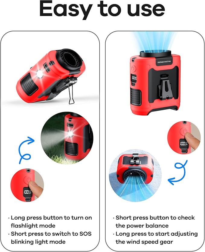 AI Portable Waist Fan Rechargeable 10000mah Belt Shirt Clip On Fan For Body Cooling That Blow Cold Air 5 Speeds Flashlight Up To 40H