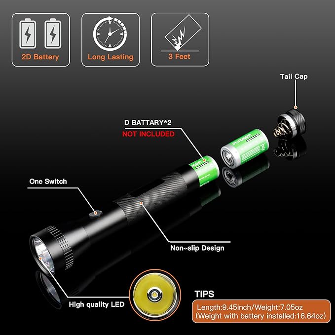 KunHe 2D Cell Battery Big Flashlights Single Mode High Lumens Aluminum Heavy Duty Large Flashlight for Home Emergency Power Outage Outdoor Activities 2 Pack