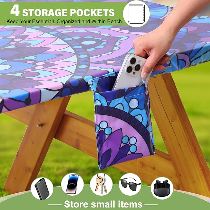 Picnic Table Cover with Bench Covers Vinyl Elastic Edges Fitted Rectangle Tables Seat Waterproof 3-Piece 96X30in Set Outdoor Rectangular Folding Backing Tablecloth Camping Over Size Mandala