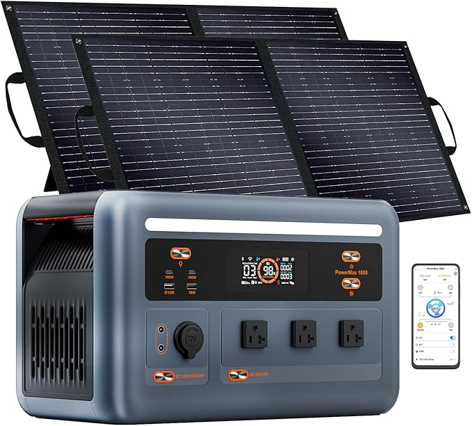 OSCAL PowerMax 1800 Solar Generator with 200W Solar Panels (2025 New), 1024Wh LiFePO4 Battery Backup, 1800W Portable Power Station with 3 AC Outlets (3200W Peak), 700W AC Fast Charging, App Control