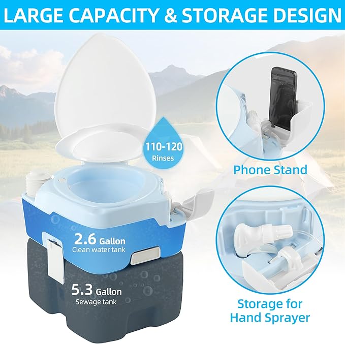 YITAHOME 5.28 Gallon Portable Toilet Camping Porta Potty with Diagonal Enlarged Bowl, Hand Sprayer and Press Flush Pump, Space Saving Indoor Outdoor Toilet for Adults, RV, Boat and Trips, Light Blue