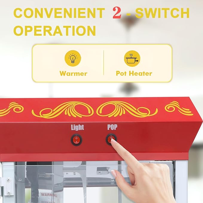 Popcorn Maker Machine - Professional Cart With 8 Oz Kettle Makes Up to 48 Cups, Stainless Steel Vintage Commercial Popcorn Machine Movie Theater Style (Red)