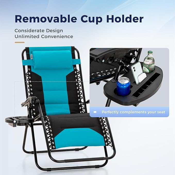 MAISON ARTS Oversized XXL Padded Zero Gravity Chair, Lawn Outdoor Lounge Chairs Set of 2, Foldable Recliners 28" Wide Seat Anti-Gravity for Patio Camping Poolside Yard, Support 400lbs, Aqua