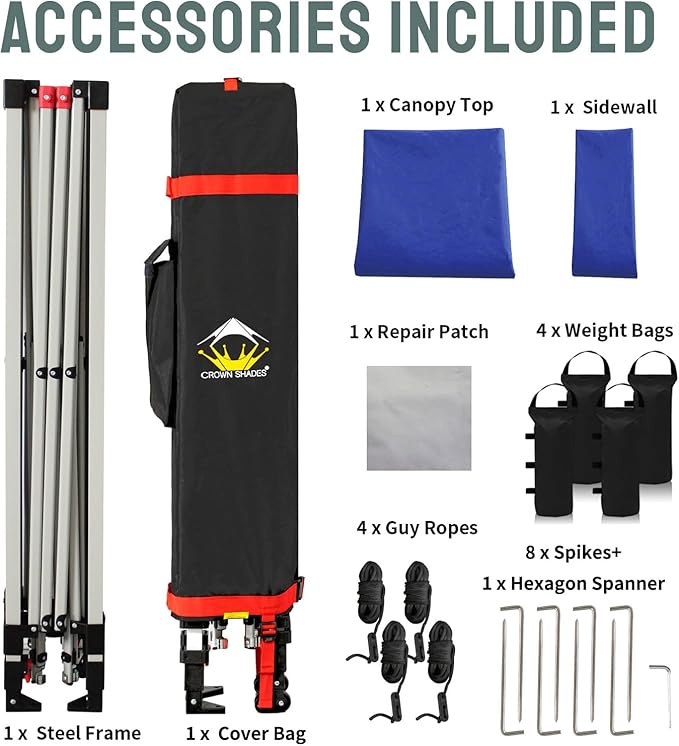 CROWN SHADES 10x10 Pop Up Canopy with 1 Side Wall - Beach Tent with One Push Setup - Outdoor Sun Shade for Events, Parties, Camping - Gazebo with STO-N-Go Cover Bag (Navy Blue)