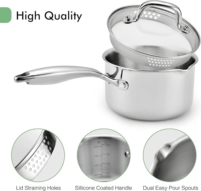 2.5 Quart Stainless Steel Pot Saucepan with Glass Strainer Lid, Sauce Pot with Two Side Spouts, Induction Cooking Pot, Multipurpose Sauce Pan with Lid for Cooking(Tri-Ply Full Body)