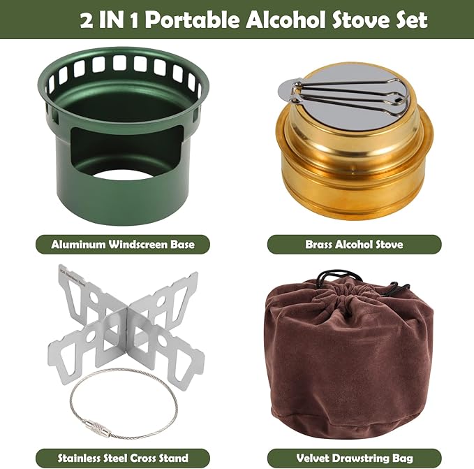 2 In 1 Mini Alcohol Stove For Camping, Portable Alcohol Burner With Stainless Steel Cross Stand, Storage Bag, Lightweight Tiny Brass Stove For Backpacking Emergency Outdoor Coffee