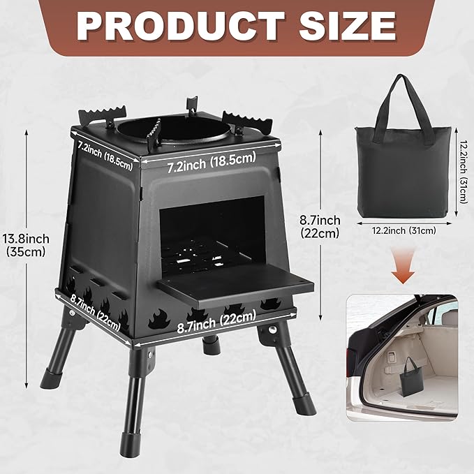 Wood Burning Stove, Camping Wood Stove, Small Portable Cast Iron Wood Stove: Compact Outdoor Cooking Solution with Carrying Bag (Small)
