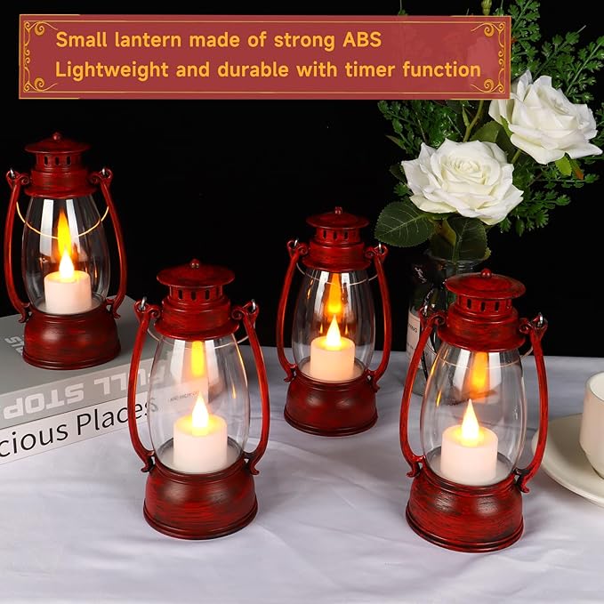 Vintage Red Lantern Decor With Remote Control, 8" Candle Lantern with Handle - Small Hanging Lanterns for Decorative Indoor & Outdoor Use - Perfect for Wedding Centerpiece