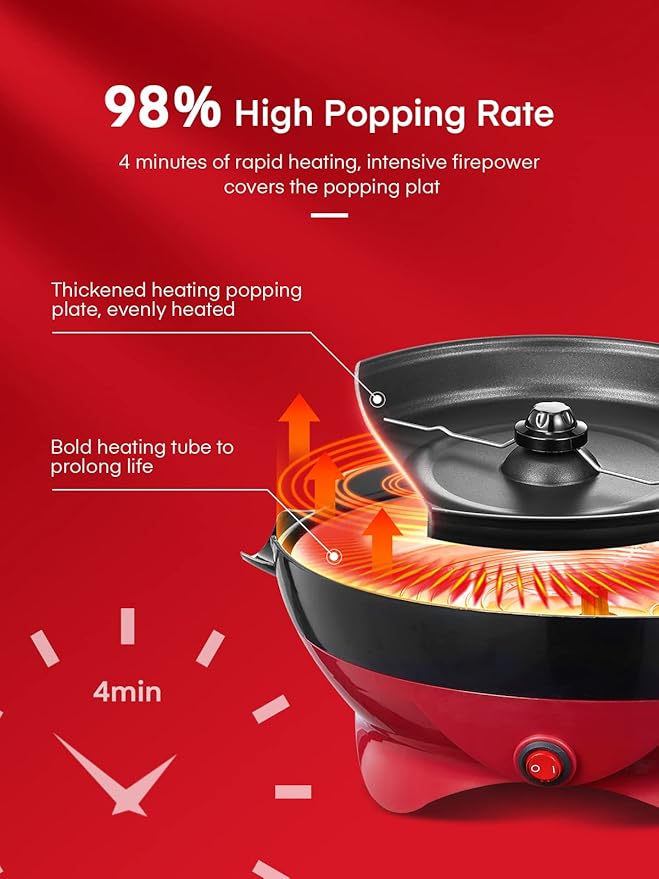 Popcorn Machine, FOHERE 6.3 Quarts Electric Hot Oil Popcorn Popper Machine with Stirring Rod, Large Lid for Serving Bowl and Convenient Storage, Removable & Nonstick Plate, 28Cups, Two Measuring Cups