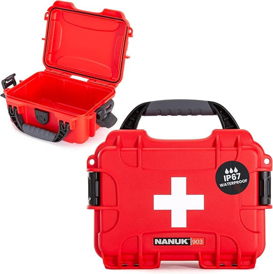 NANUK 903 Waterproof First Aid Box Empty – Durable, Medical First Aid Organizer Case, IP67-Rated, Dustproof, Impact-Resistant, and Floats (7.4" x 4.9" x 3.1") – Red
