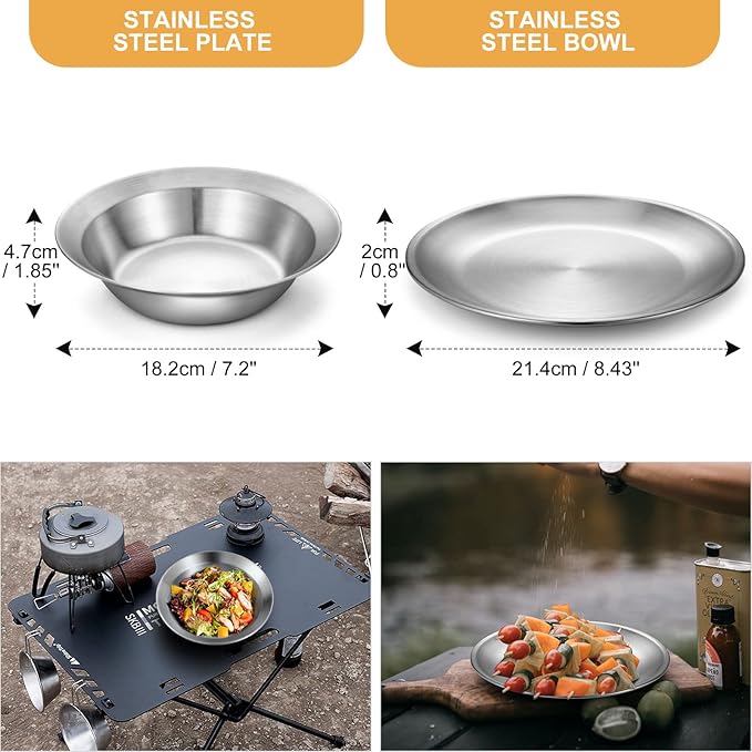 Odoland Camping Complete Messware Kit, Polished Stainless Steel Camp Dinnerware, Camping Cooking Tableware, Cutlery Organizer Utensil with Plates and Bowls Set for Backpacking, Hiking, Picnic Picnic.