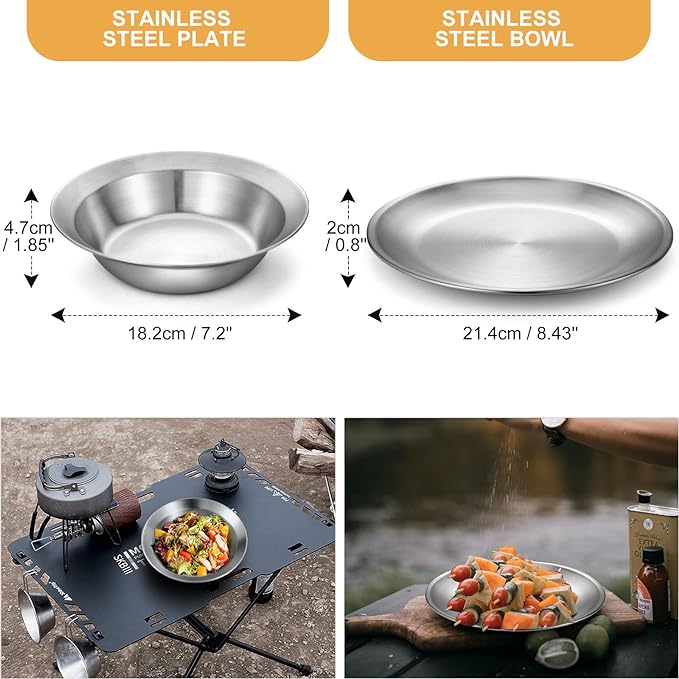 Odoland Camping Complete Messware Kit, Polished Stainless Steel Camp Dinnerware, Camping Cooking Tableware, Cutlery Organizer Utensil with Plates and Bowls Set for Backpacking, Hiking, Picnic Picnic.