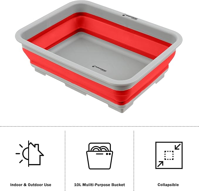 Collapsible Cleaning Caddy - Portable Multi-use Wash Basin, Dish Tub, or Ice Bucket with 7.27L Capacity for Camping and Tailgating by Wakeman (Red)
