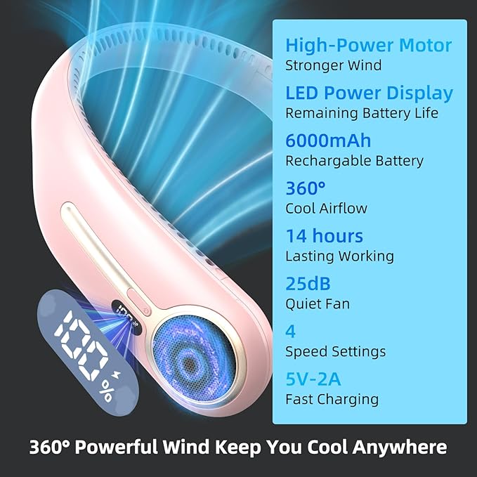 Portable Neck Fan,Gift Ideas,Personal Wearable Bladeless Fan,360° Cooling,LED Display,4-Speeds,6000mAh Rechargeable,Powerful Wind,Outdoor Travel Camping,Birthday Gifts for Men Women Dad Mom (Pink)
