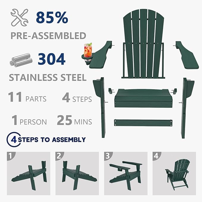 Folding Adirondack Chair, SGS Tested, Wooden Textured with Cup Holder, Heavy All-Weather HDPE Comfortable Set Poolside Backyard Lawn Green