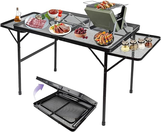 BRIAN & DANY 3x2 FT Camping Table with 2 Wing Panels, Folding Grill Table, Metal Portable Picnic Table, Lightweight Height Adjustable Foldable Table for Outdoor, Black