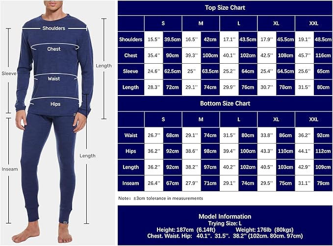 MERINNOVATION Merino Wool Base Layer Set for Men 100% Merino Wool Thermal Underwear Long Sleeve