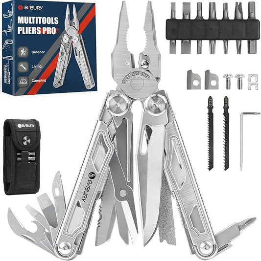 BIBURY Multitool Pliers Pro BI2045, Stainless Steel Multi Tool Pliers with Replaceable Wire Cutters and Saw, Foldable Multitools with Scissors and Screwdriver, Ideal for Camping,Survival, Repair