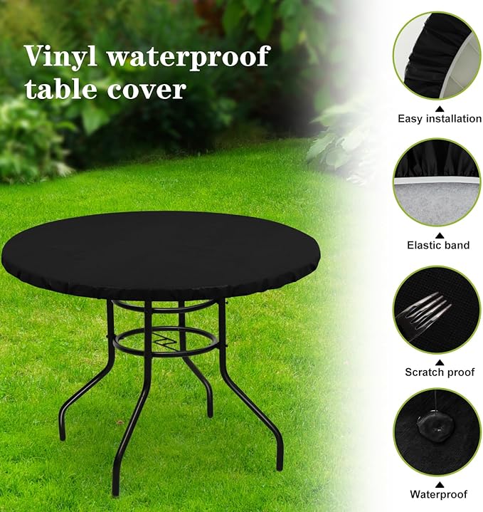 LUSHVIDA Round Waterproof Table Cover Elastic Vinyl Fitted Tablecloth Elastic Edged Plastic Table Cloth (Black, 2PCS Best for Up to 57"-68" Round)