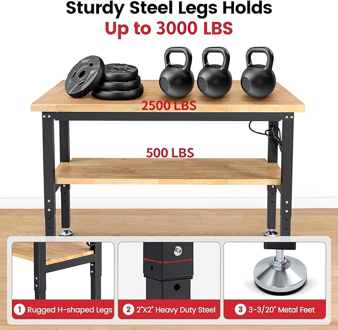 Adjustable Height Work Bench 48 x 20 Workbench for Garage Work Table with Under Table Shelf for Shop Woodworking, Heavy Duty Rubber Wood Top for Office, Home, Commercial