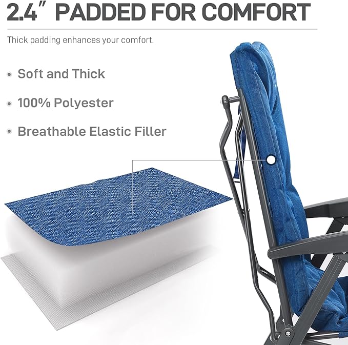 EVER ADVANCED Folding Padded Camping Chair 4 Positon Adjustable Recliner with High Back Support Portable for Adults, 300lbs Weight Capacity, Blue