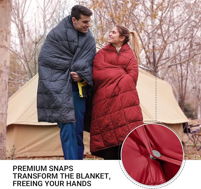 KingCamp Ultralight Camping Blanket, Packable Down Alternative Puffy Wearable Blankets Weatherproof Warm Package Quilt with Snap Buttons for Outdoor Hiking Travel Picnic Stadium (79" x 53", WINE)
