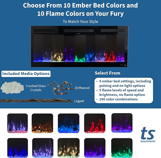 Touchstone Smart Electric Fireplace-The Fury 57" Wide- 4.5" Thin in Wall Recessed-100 Realistic Flame/Ember Bed Color Combos-1,500W Heater-Larger Viewing Area-Alexa/WiFi Enabled