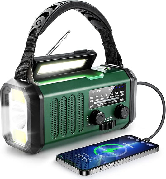 10000mAh Hand Crank Emergency Radio, NOAA Weather Radio with AM/FM & solar Radio, Rechargeable Battery, Flashlight & Reading Light, SOS Alarm, Compass Cell Phone Charger for Indoor Outdoor Emergencies