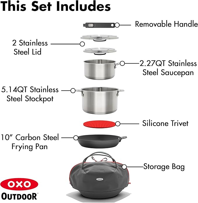 OXO Outdoor 8 Piece Camping Cookware Set, 10" Pre-Seasoned Carbon Steel Frying Pan Skillet, 2.25QT and 5QT Stainless Steel Saucepans with Lids, Removeable Handle, Trivet, Travel Bag, Space-Saving