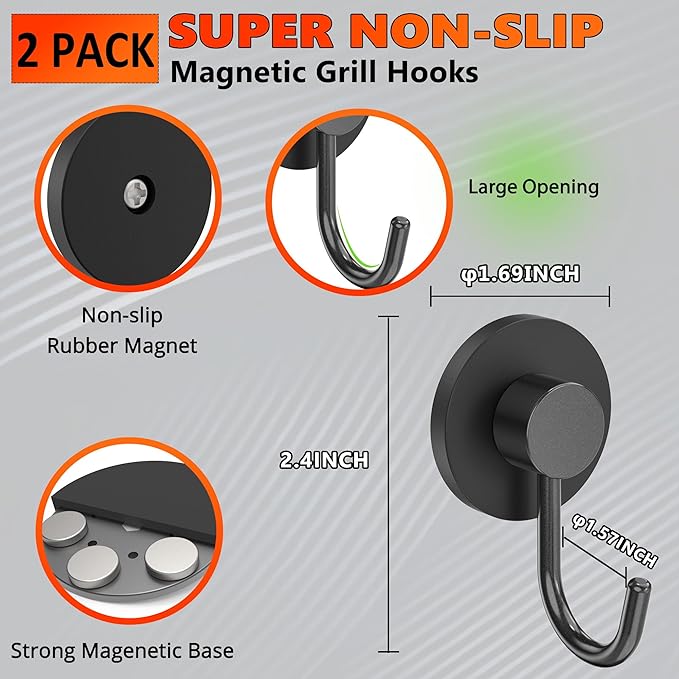 Magnetic Grill Hooks, 2 Pack Magnet Hook for Utensils, Heavy Duty Outdoor Magnetic Hooks for Barbecue Tool, Outdoor Hanging, Refrigerator, Grill, Kitchen