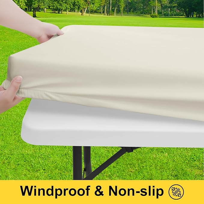 Smiry Picnic Table Cover with Bench Covers, Waterproof Elastic Fitted Polyester Tablecloths for 6 Ft Rectangle Tables, Washable Windproof Tablecloth for Camping, RV & Outdoor (Beige, 30x72 Inches)