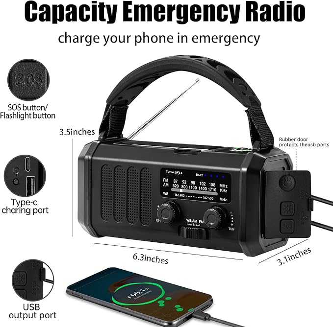 Hand Crank Emergency Radio,74000mWh Solar Powered Portable NOAA AM FM Weather Radio with 3 Mode Flashlight and Reading Light,Cell Phone Charger,Home and Emergency Distress Signal (Black)