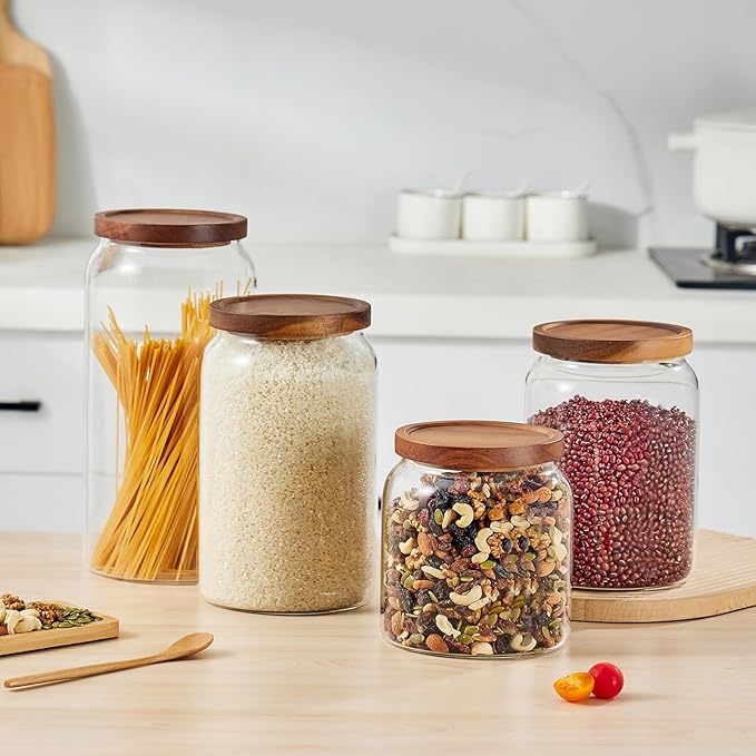 Sweejar Large Glass Candy Jars with Wooden Lids, 1 Gallon Glass Jar with Lid, Sugar/Flour Storage Containers, Big Glass Canisters with Airtight Lid, 1 Pack, Hand Lid