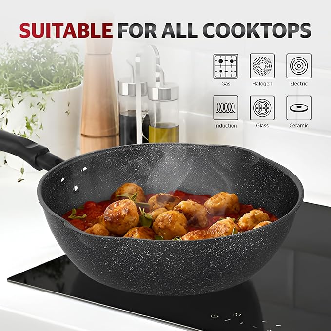 Sunhouse – 11 Inch / 20 cm Non-Stick Deep Frying Pan with Double Pour Spouts, 5-Layer Whitford Non-Stick Coating, PFOA-FREE, Stay-Cool Handle, Induction Compatible with All Cooktops