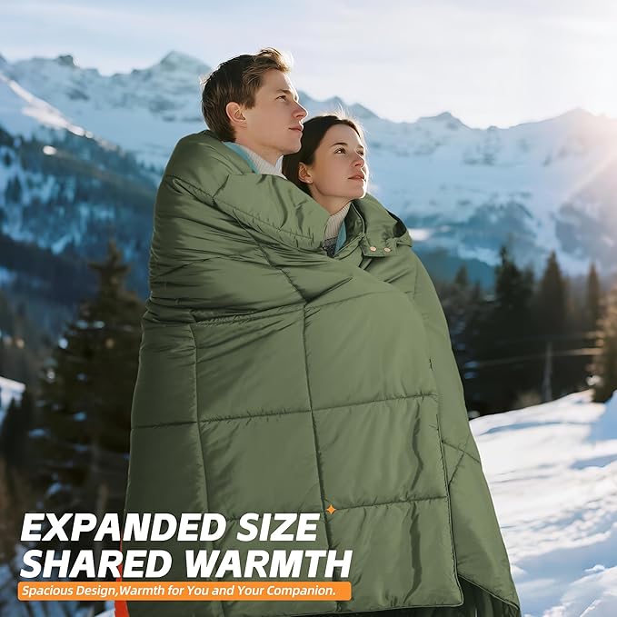 Puffy Camping Blanket with Detachable Hooded Snap-Poncho Waterproof Double-Sided Printed Reversible for Travel, Hike Cold Weather, Army