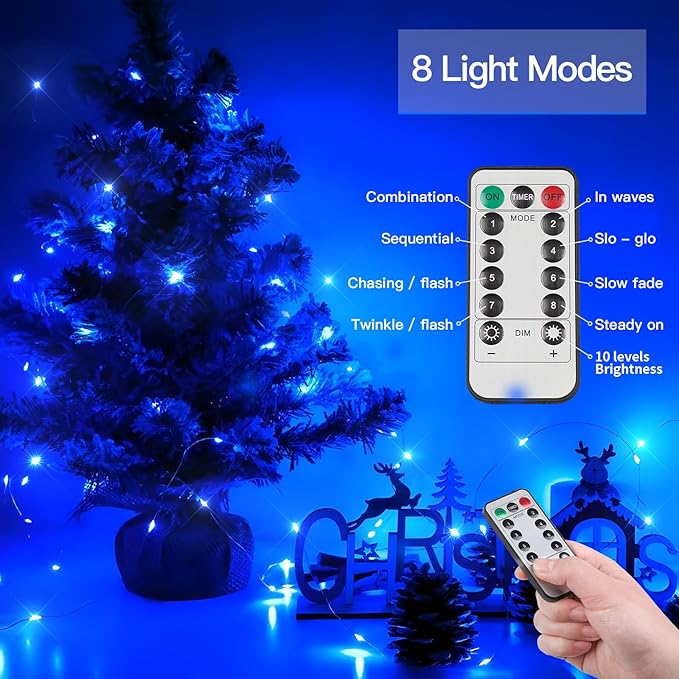 suddus Blue LED Christmas Lights Outdoor，200led 66ft Battery Operated Fairy Lights Indoor, Twinkle Lights for Bedroom, Halloween, Backyard, Tree, Dorm, Patio, Tapestry, Garden, Party