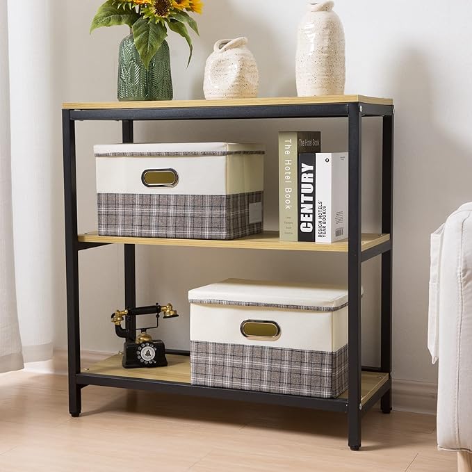 PRANDOM Collapsible Storage Bin with Lid [3-Pack] Fabric Foldable Storage Box Organizer Container Basket Cube with Cover for Home Bedroom Closet Office Nursery Gray plaid & Cream(14.9x9.8x9.8)