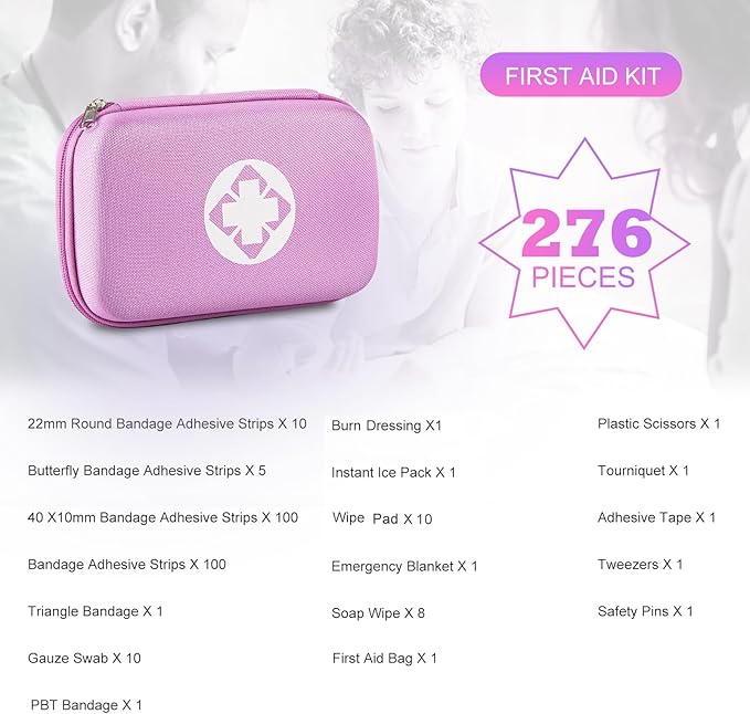 276PCS Small Travel First Aid Kit Supplies for Business, First Aid Emergency Set Backpacking Essentials Items Trauma Survival Kits for Outdoor Adventure, Pink AMORNING