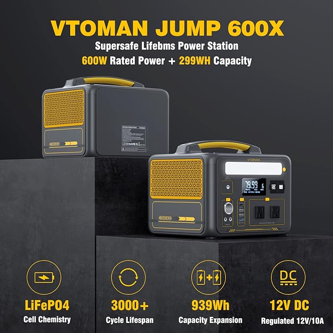 VTOMAN Jump 600X Portable Power Station with Extra Battery, 600W/939Wh LiFePO4 Battery Solar Power Station with 600W Constant-Power, Regulated 12V DC, PD 60W USB-C for Camping, Off-grid, Home Backup