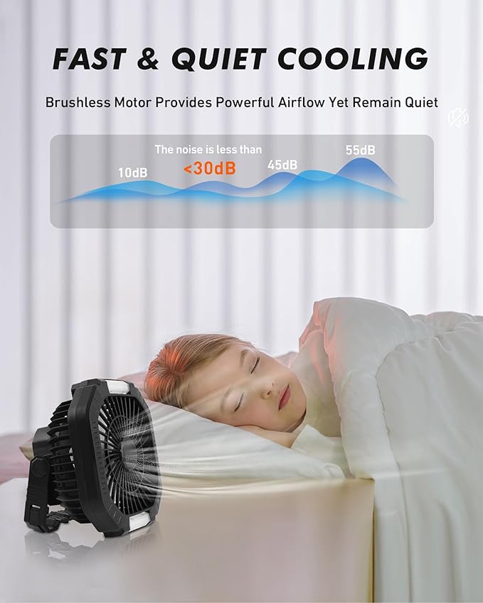 Rechargeable Camping Tent Fan with LED Lantern, 7800mAh Battery Operated Fan with Hang Hook & Remote, Portable Ceiling Tent Fans with Remote for RV Emergency Car Office Hurricane