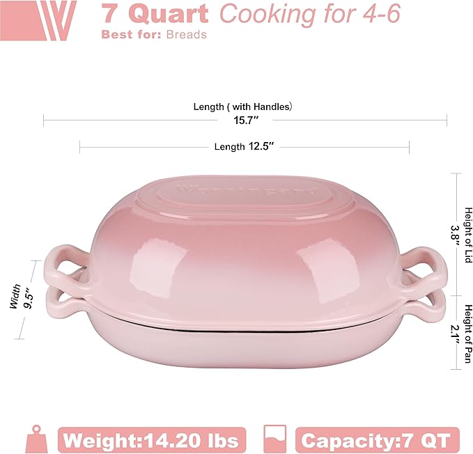 Enameled Cast Iron Sourdough Bread Oven, Dutch Oven, Loaf Cast Iron Bread Pan for Homemade Bread Baking, Meatloaf Pan with Lid, 7QT, Pink