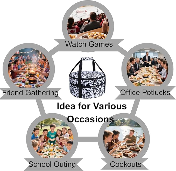 Round Insulated Pie Carrier – Double Decker Thermal Portable Lunch Transport Cake Dish Container Bag Keep Food Hot/Cold/Fresh for Potlucks Parties Gathering/Cookouts/Church Dinner/Outdoor Events-Black